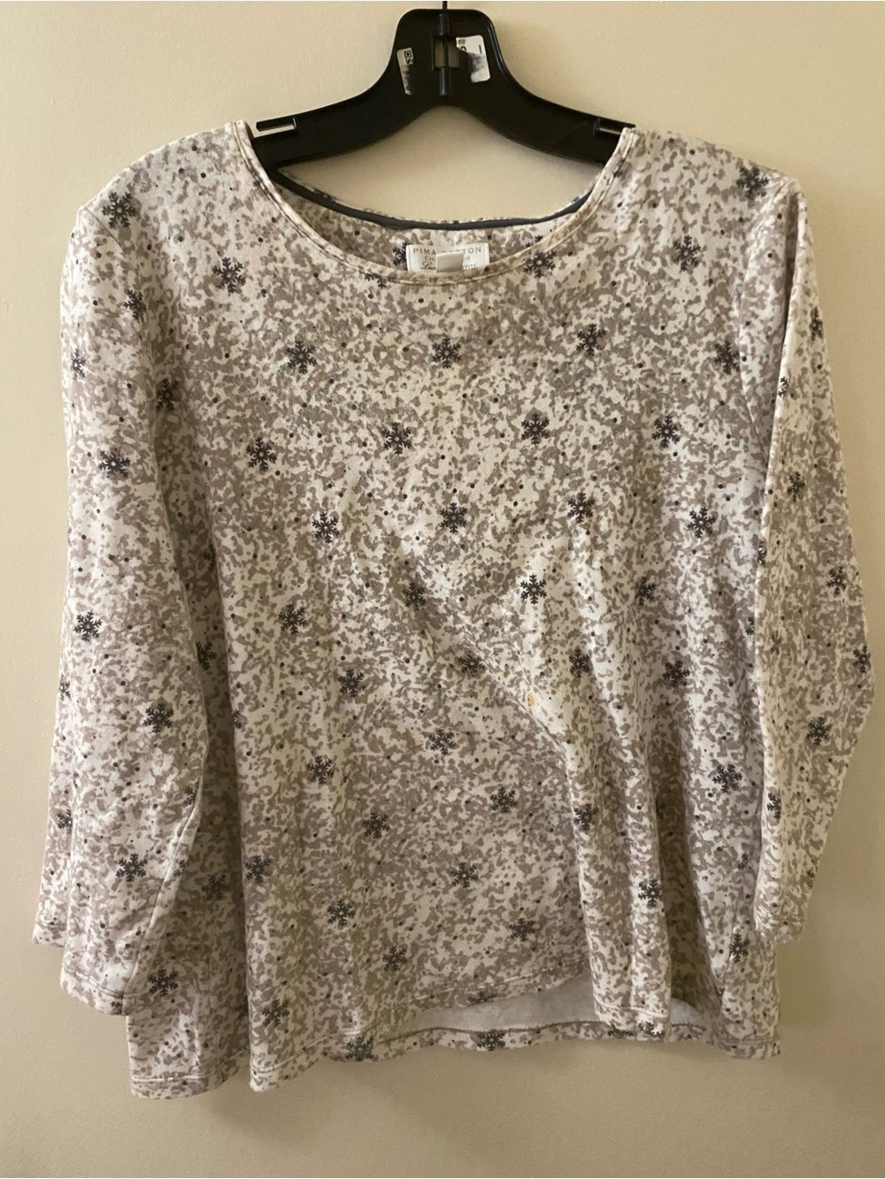 Charter Club Cream and Gray Floral Long Sleeve Crewneck Top